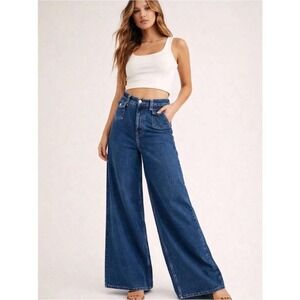 Free People We The Free Kellee High Rise Palazzo Wide Leg Blue Night Boho 70s 27